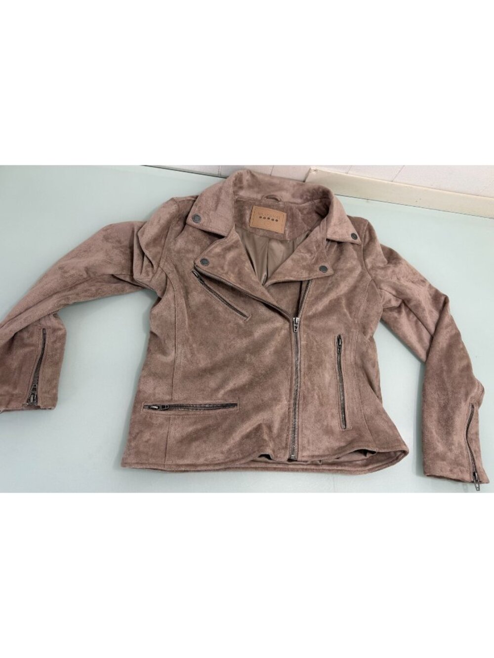 Blank NYC Faux Suede Moto Jacket Women's Small S Taupe Full Zip Biker